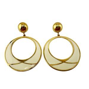 Vintage Monet Cream Enamel Gold Tone Dangle Ring Classic 2" Fashion Earrings